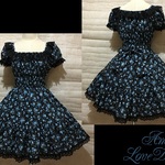 1点物*ロココ調ブルーローズ2段ティアードシャーリングワンピース★濃紺×青薔薇×黒レース(即納品)