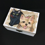 C様専用ページ 似顔絵 手描き 猫と犬の木箱 小物入れ 原画 手書き 猫 ネコ ねこ 絵 絵画 イラスト アート