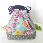 和柄　巾着（くすんだ水色・花柄）SALE