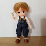 オビツ11　服　サロペット　オーバーオール　デニム黄ボタン