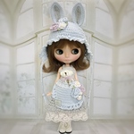 ネオブライス  ニット 服  アウトフィット  耳あて付きうさみみ帽子とくまちゃんポッケのドレス ペールブルー 