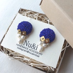 ネイビーブルーのビーズ刺繍とパールのピアス＊受注制作＊