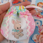 hana*ハンドメイド★レトロアニマルのパッチワークまんまる巾着mini♪ホワイトバニーちゃん