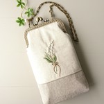  花の刺繍 がま口スマホポーチ すずらん コットンパール (コットンリネン)   