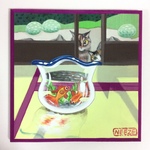 K様専用ページ 日本家屋に猫と金魚鉢のイラスト 似顔絵 手描き 原画 壁掛け 絵 絵画 アート