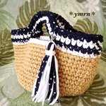 ☆マルシェバックS☆ 麻 × スターネイビー × ホワイト◇タッセル付