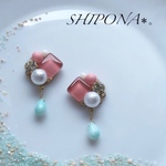 【夏季限定】 おとぎ話のガラスタイルイヤリングorピアス マーメイドカラー ゴールド