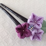 〈つまみ細工〉紫陽花のかんざし(三輪・藤色と若紫)