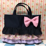 ドレスのようなレッスンバッグ(ネイビー＆お花柄)