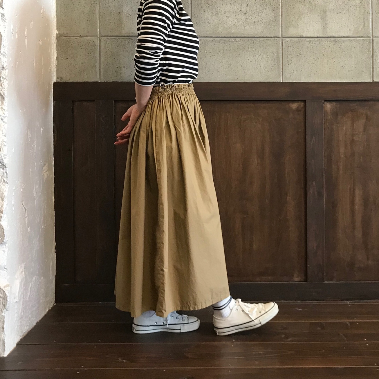 キレイめに着れる♪タイプライターギャザースカート キャメル