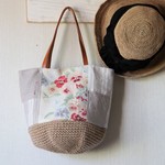 イギリス パンジーリネン*チェコリネン*麻ヒモかごバッグ＊ヴィンテージ一点物