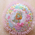 hana*ハンドメイド★レトロアニマルのまんまるクッション♪ドレスデン青いうさちゃん