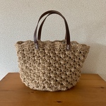 本革持ち手 松あみの麻ひもバッグ 丸底