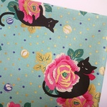大特価｜シーチング生地｜110×50cm｜ローズと黒猫｜LB｜ゴールドラメ｜コットン｜ドット｜ビー玉｜キルトゲイト｜水色