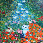 原画 「ねこと小鳥のフラワーガーデン（クリムトへのオマージュ）」 F10号  ＃絵画 ＃ねこ ＃猫の絵 ＃白猫の絵 ＃花畑の絵 ＃白い鳥 