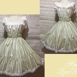 1点物*エレガント ローズ シャーリング ワンピース★生成×若草色×オフ白レース(即納品)