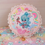 hana*ハンドメイド★レトロアニマルのまんまるクッション♪ドレスデン青いうさちゃん