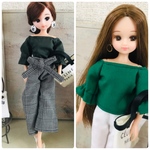 【k様オーダー品】モスグリーンオフショルトップス＆グレンチェック柄ワイドパンツ＆グリーンオフショルトップス