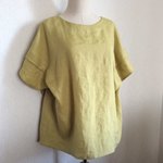  ライムイエローリネンのタックフリルブラウス