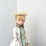 紫色のパンジーさん専用 リカちゃん若葉色小花柄のバッスルドレスドレスセット