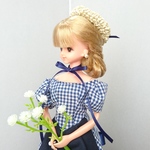 紫色のパンジーさん専用 リカちゃん 紺ギンガム×コーラルのパフスリーブドレスセット