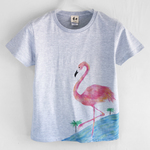 レディース フラミンゴ柄Tシャツ、トロピカルな南国フラミンゴの手描きTシャツ。