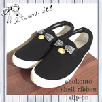 【22.5〜25.0cm】ちょこんとシェルリボンスリッポン♪ブラック