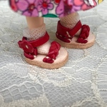 ミニチュア靴 オビツ11サンダル レッド花×キナリ