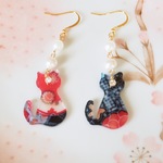 ☆　和柄の猫とコットンパールのピアスorイヤリング　☆彡