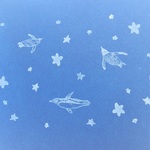 『星海遊泳』　消しゴムはんこ　泳ぐペンギン３羽とらくがき★３つ