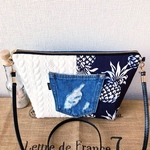 パイナップル紺×アランニット  デニムリメイク  ショルダーバッグ ★デニム