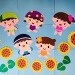 夏 壁面飾り ひまわりと水着のこどもたち