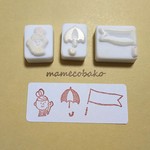 おだんごおんなのこ＋傘＋フラッグ：消しゴムはんこ。