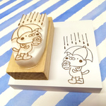 消しゴムはんこ♪傘さすねこ♪とりも一緒♪雨の日♪