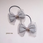 星付きオーガンジードットチュールリボンヘアゴム(グレーストライプ)