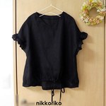 《SALE》フリル袖のドロストブラウス　リネン　ブラック