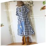 【ONLY ONE】キルト刺繍＊南欧の風＆ギンガムチェック＊ドルマンＡラインワンピース＊蝶々の夢＊コットン100