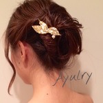 リーフバレッタ＊葉バレッタ＊コットンパール＊植物＊葉っぱ＊ヘアアクセサリー＊髪飾り＊ゴールド＊８.１cm