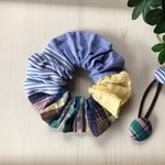 マドラスチェックのミックスシュシュ✿イエロー×ストライプ　ヘアゴム付き