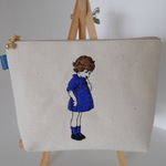 フランスの可愛い女の子刺繍の帆布のポーチブルー１６㎝１８㎝２０㎝生成