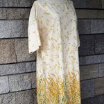 綿麻　ボタニカル　ミモザ柄　ゆったり肩落ちワンピース