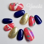 和柄ネイル 鶴×紺色