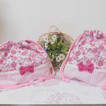 お弁当袋＆コップ袋　ピンク系かわいい花柄　ストライプ　リボン付き