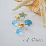 天然石★シェル＆スターフィッシュのアシンメトリーピアス/ブルー