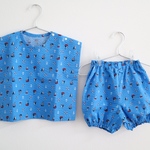 【再販】甚平みたいなサラッと涼しいベビー服  かぼちゃパンツと上着のセット 【水色ヨット】80男の子 水遊び セットアップ