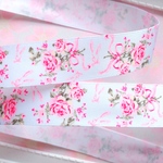 【7017】2m300円 22mm幅 サテンリボン バラ ローズ リボン ピンク 花柄 フラワー