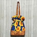 浴衣用に♪ネイビーひまわり×バスケット柄きんちゃくバッグ