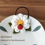 ★再販★お花とてんとう虫♪のヘアゴム　白＋葉っぱ