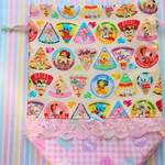 hana*ハンドメイド★レトロアニマルのマチたっぷり巾着♪チーズ×ピンクハート