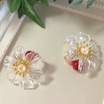 耳に優しい魔法のイヤリングorピアス【クリアフラワー×レッドトーン】痛くない！落ちにくい！と好評♡